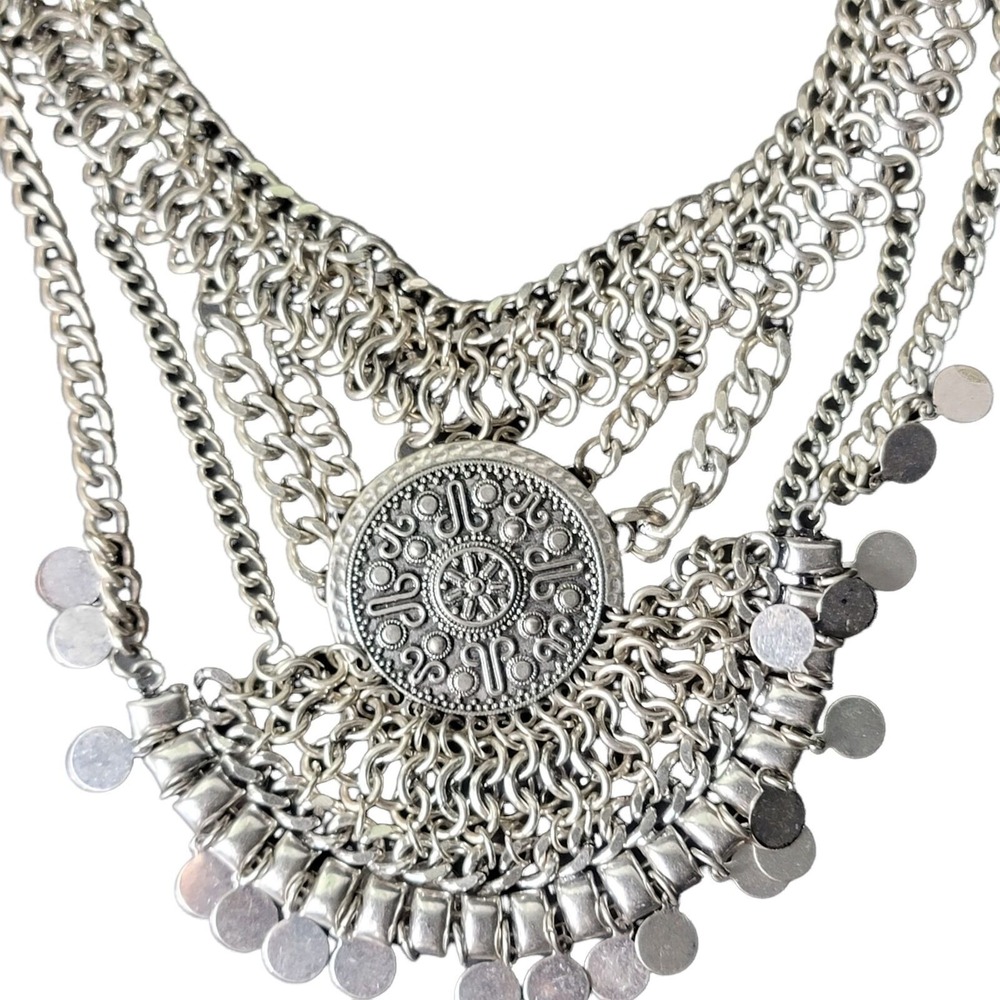 Silver Tone Bib Necklace 14in Statement Gypsy Bohemian Festival 14 inch